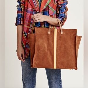 Clare V Chestnut Suede Simple Tote with pale pink and yellow mini stripes